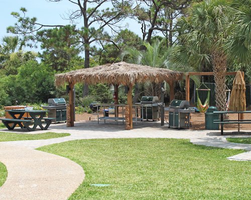 Outdoor picnic area with a large thatched sunshade, hammocks, and barbecue grills.