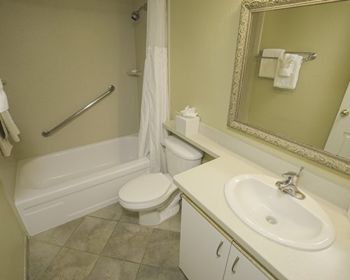 A bathroom with shower, bathtub, and a single sink vanity.