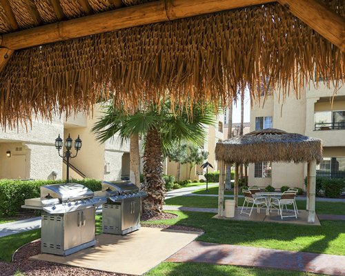 A barbecue grill surrounded by shrubs & trees.