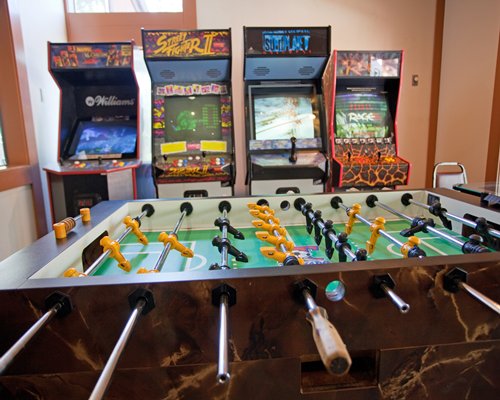 An indoor arcade with table soccer.