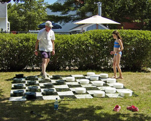 Man and a child playing a huge version of checkers in the lawn.