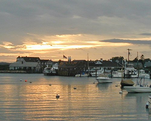 Lake view of Briarwood resorts alongside boats at dusk.