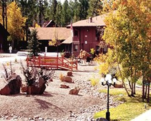 An outdoor view of villas and multi story units surrounded by wooded area.