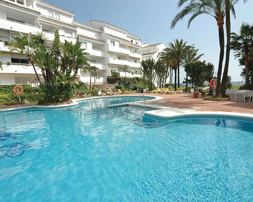 Multiple unit balconies with outdoor swimming pool and palm trees.