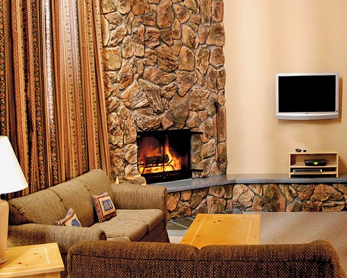 A well furnished living room with a fireplace and a television.