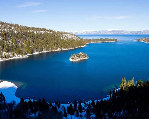 Scenic aerial view of The Ridge Tahoe during winter.