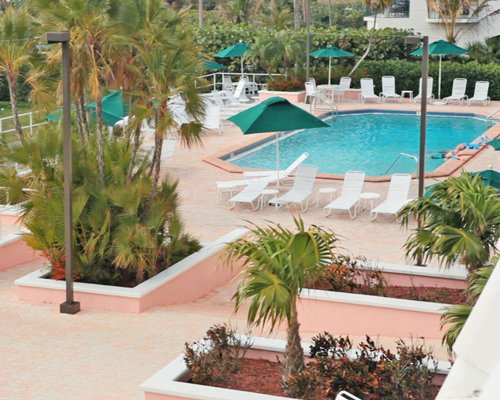An outdoor swimming pool with chaise lounge chairs surrounded by trees.
