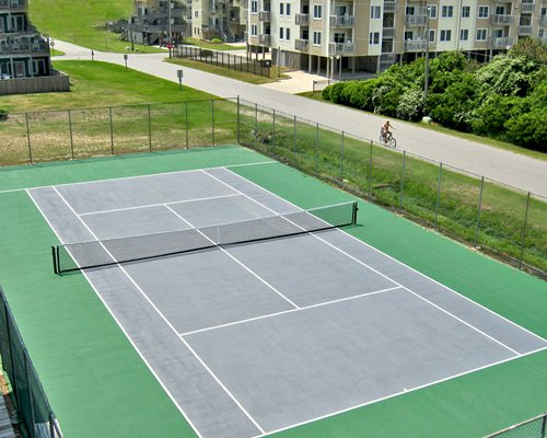 An aerial view of outdoor tennis court.