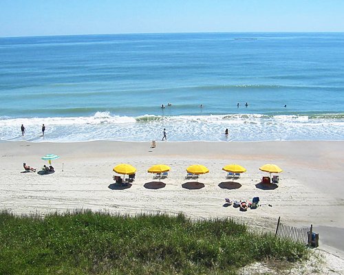 An ocean view with people relaxing under sun shades.