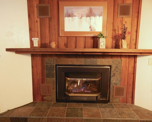 A well furnished living room with a television and fireplace.