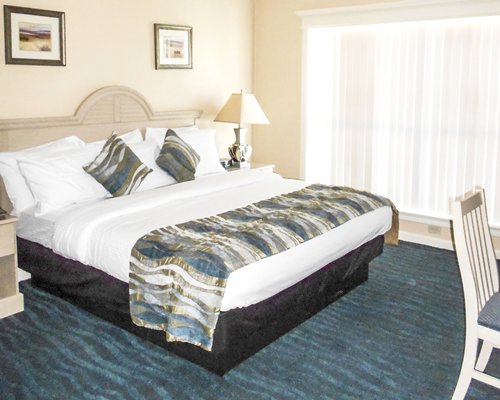 A well furnished bedroom with a king bed and an outdoor view.