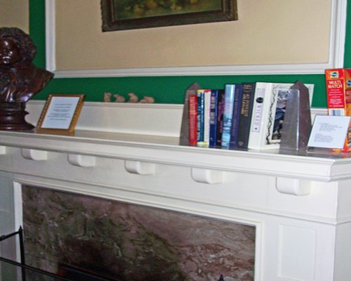 Fireplace with a book shelf.
