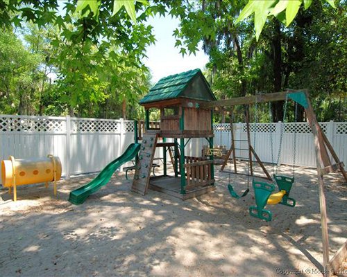 An outdoor play area surrounded by a wooded area.