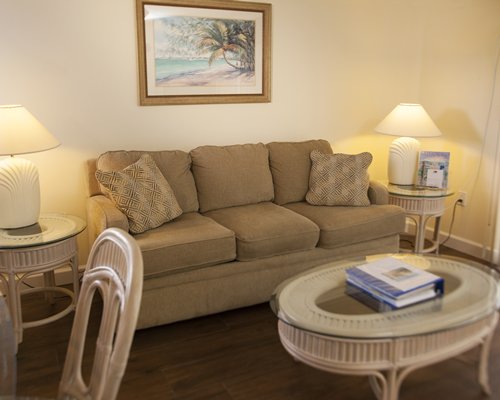 A well furnished living room with double pull out sofa.