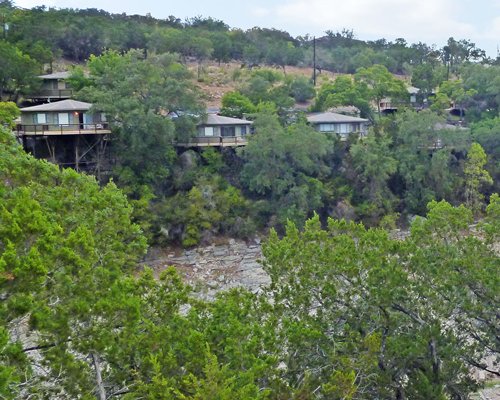 Exterior view of treehouse surrounded by wooded area.