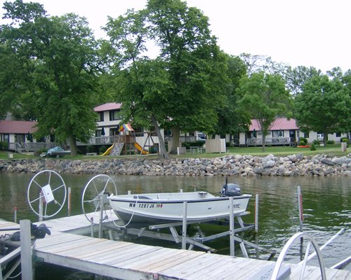 A scenic view of the resort from a marina.