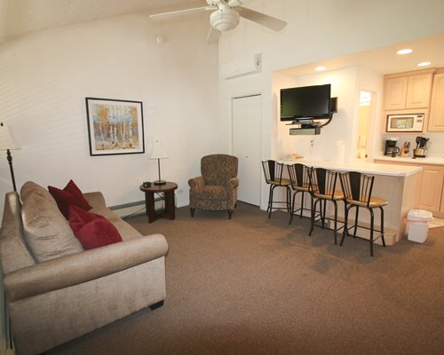 A well furnished living room with a double pull out sofa.