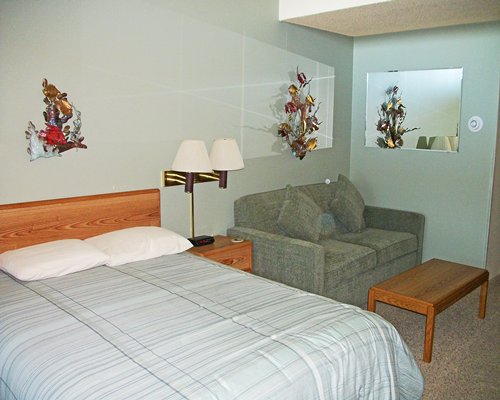 A well furnished bedroom with a bed and a double pull out sofa.