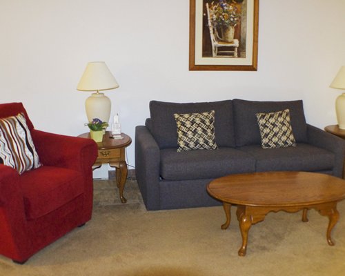 A well furnished living room with a double pull out sofa.