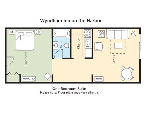 A FLOOR PLAN OF ONE BEDROOM SUITE.