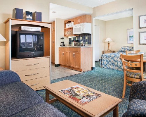 A WELL FURNISHED LIVING AREA ALONGSIDE A BEDROOM AND KITCHEN.