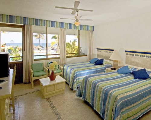 A well furnished bedroom with two twin beds television and outside view.