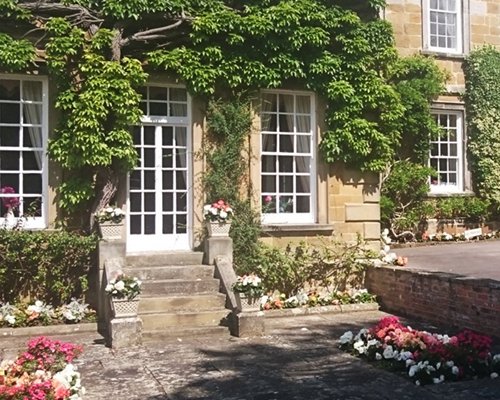 Ground view of the resort with flowering shrubs.