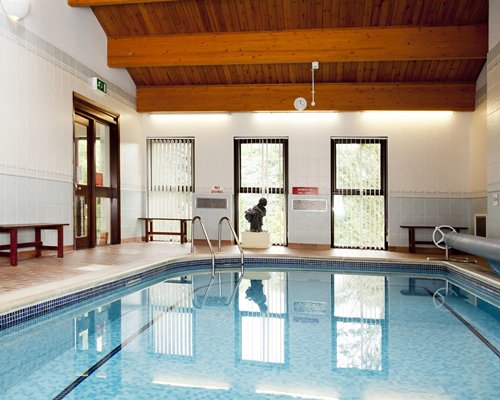 An indoor pool with an outdoor view.