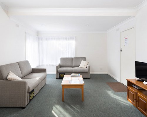 A well furnished living room with double pull out sofa and a television.