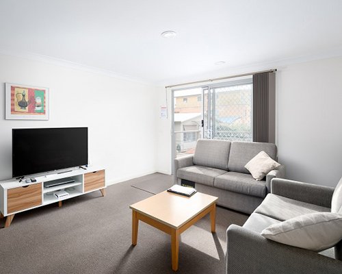 An open plan furnished living room with pull out sofa and television.