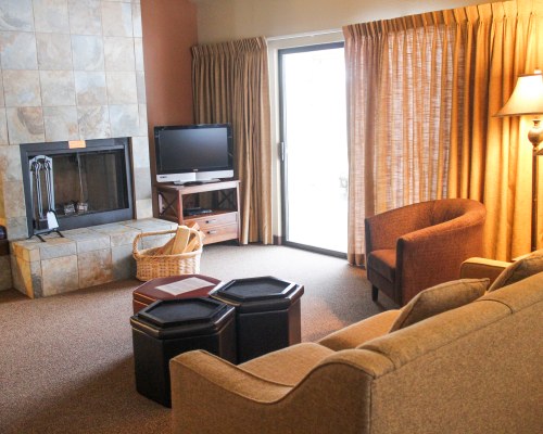 A WELL FURNISHED LIVING ROOM WITH TELEVISION FIREPLACE AND AN OUTSIDE VIEW.
