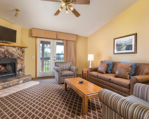 A WELL FURNISHED BEDROOM WITH DOUBLE PULL OUT SOFA AND FIRE IN THE FIREPLACE.