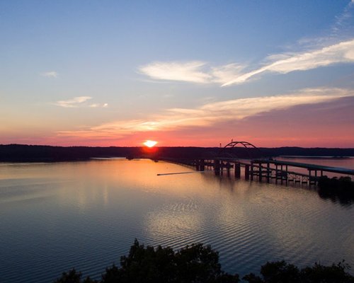 A bridge across the lake at dusk.