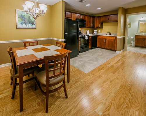 An open plan dining and kitchen area.
