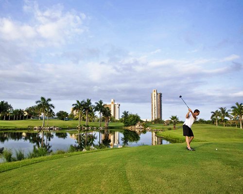 A man enjoying a round of golf at the course alongside a lake with palm trees.