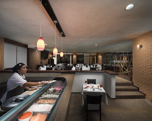 A restaurant with multiple tables.