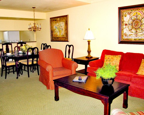 A WELL FURNISHED LIVING ROOM AND DINING AREA.
