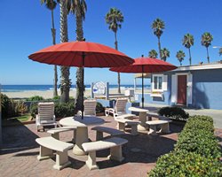 A view of patio furniture and chaise lounge chairs alongside the ocean.