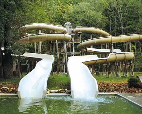 An outdoor pool with waterslides surrounded by trees.