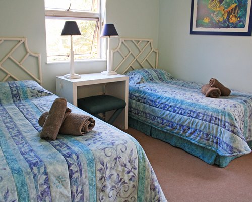 A well furnished bedroom with two twin beds and outside view.