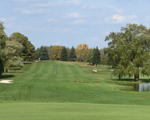 A well maintained golf course with a golf cart surrounded by trees.