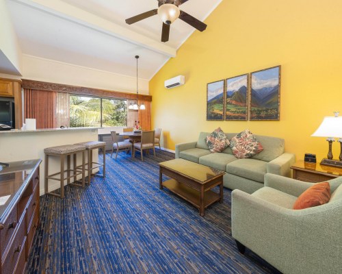 A WELL FURNISHED BEDROOM WITH KING BED TELEVISION AND PATIO.
