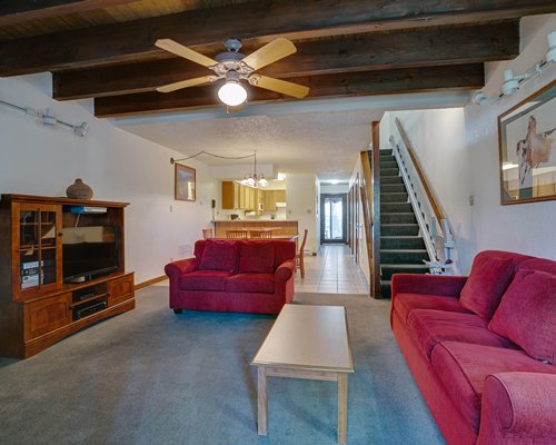 A well furnished living room with television and an outside view.