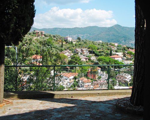 Balcony view of resort properties.