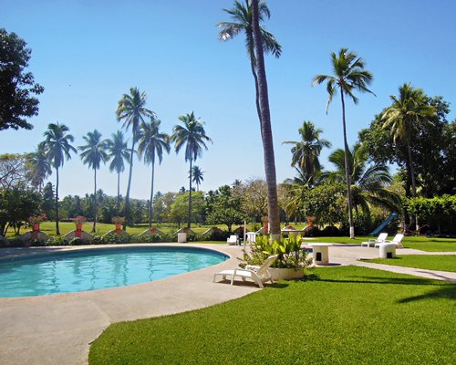 A scenic outdoor swimming pool.