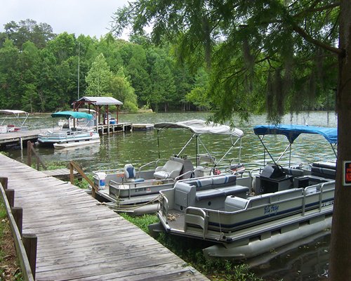 A wooded path leading to boating area.