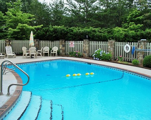 Outdoor swimming pool with patio chairs surrounded by wooded area.