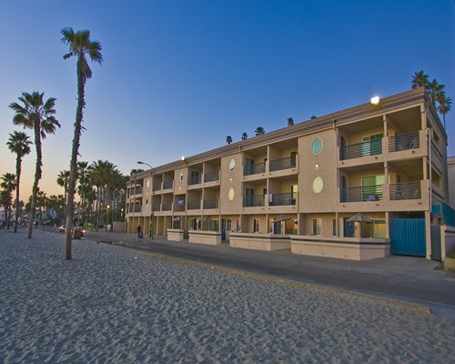 A street view of multi story resort units.