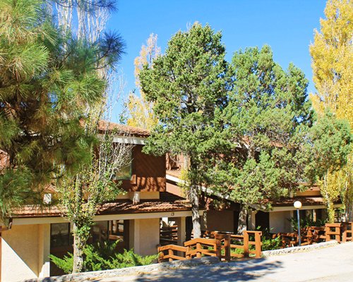 A street view of multi story resort units alongside trees.