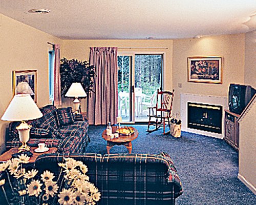 A well furnished living room with a television fire in the fireplace and patio.